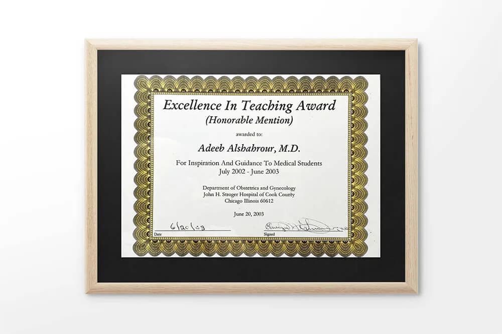 Professional certificate awarded to Dr. Adeeb Alshahrour